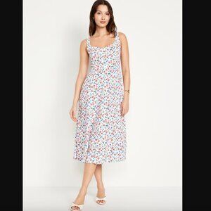 Old Navy White Floral Fit & Flare Linen-Blend Midi Dress M NWT